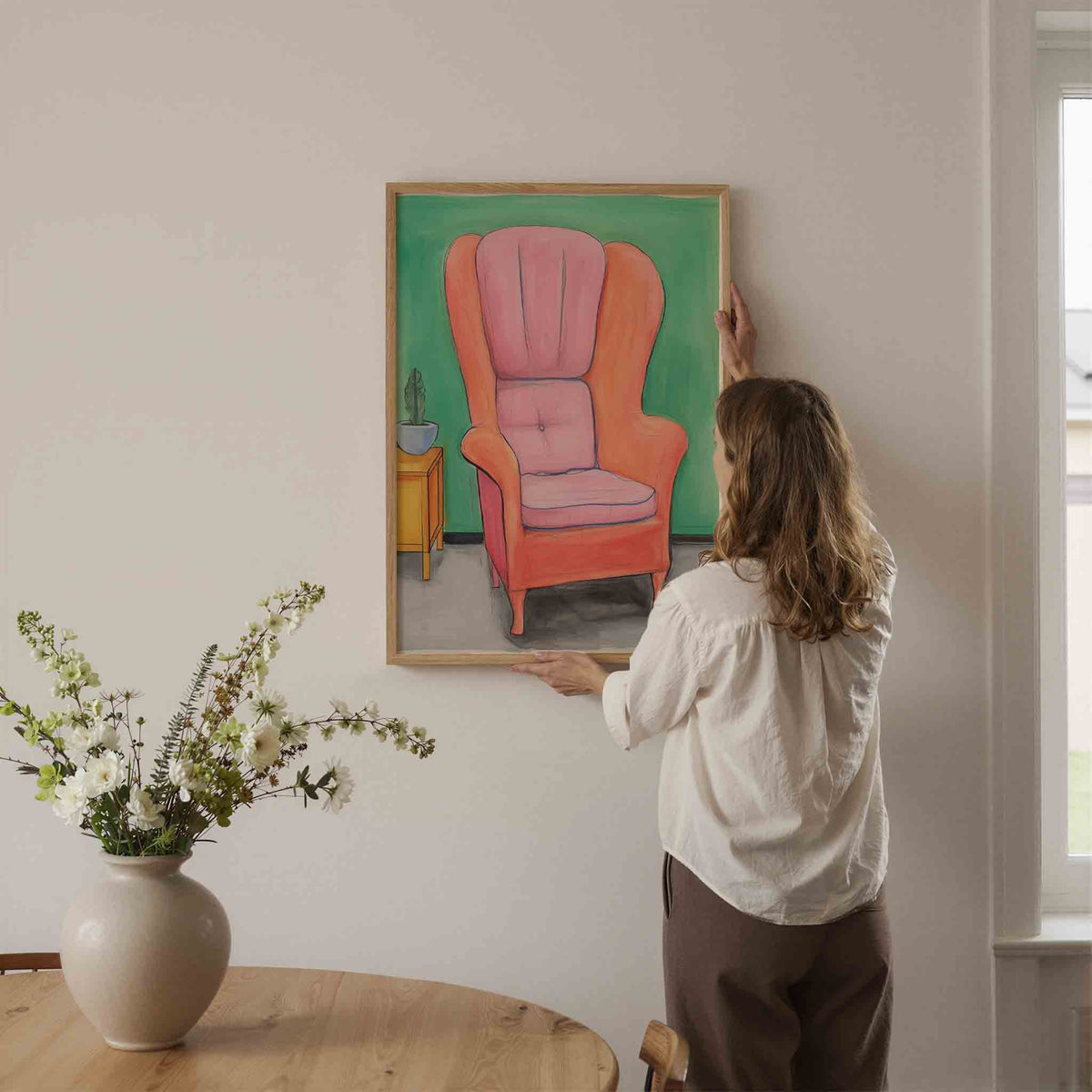 Roze fauteuil – botanische wandkunst als portret poster