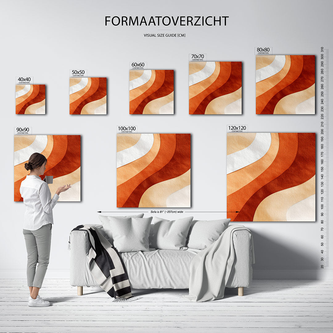 Golvende kleurencompositie kunstwerk – materiaalweergave – dit werk toont vloeiende, golvende lijnen in warme tinten. De