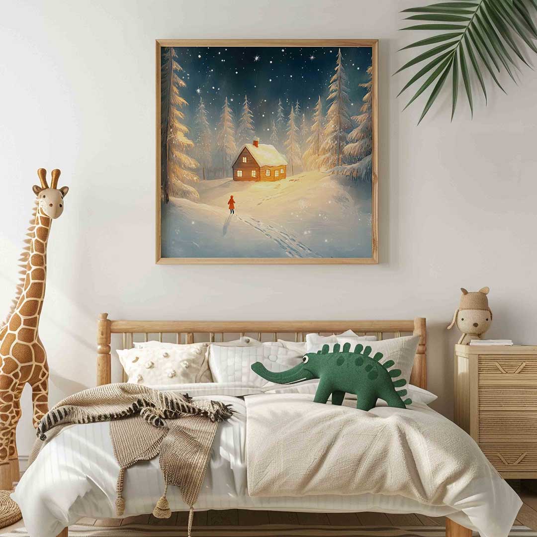 Sneeuwlandschap met huis – vierkante kinderkamer wanddecoratie van WallArtistic
