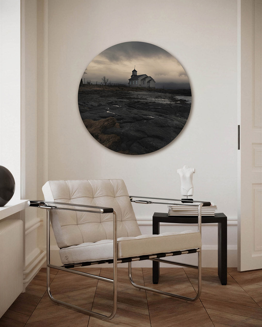 Landschap met gebouw – fotografie muurcirkel als ronde wanddecoratie