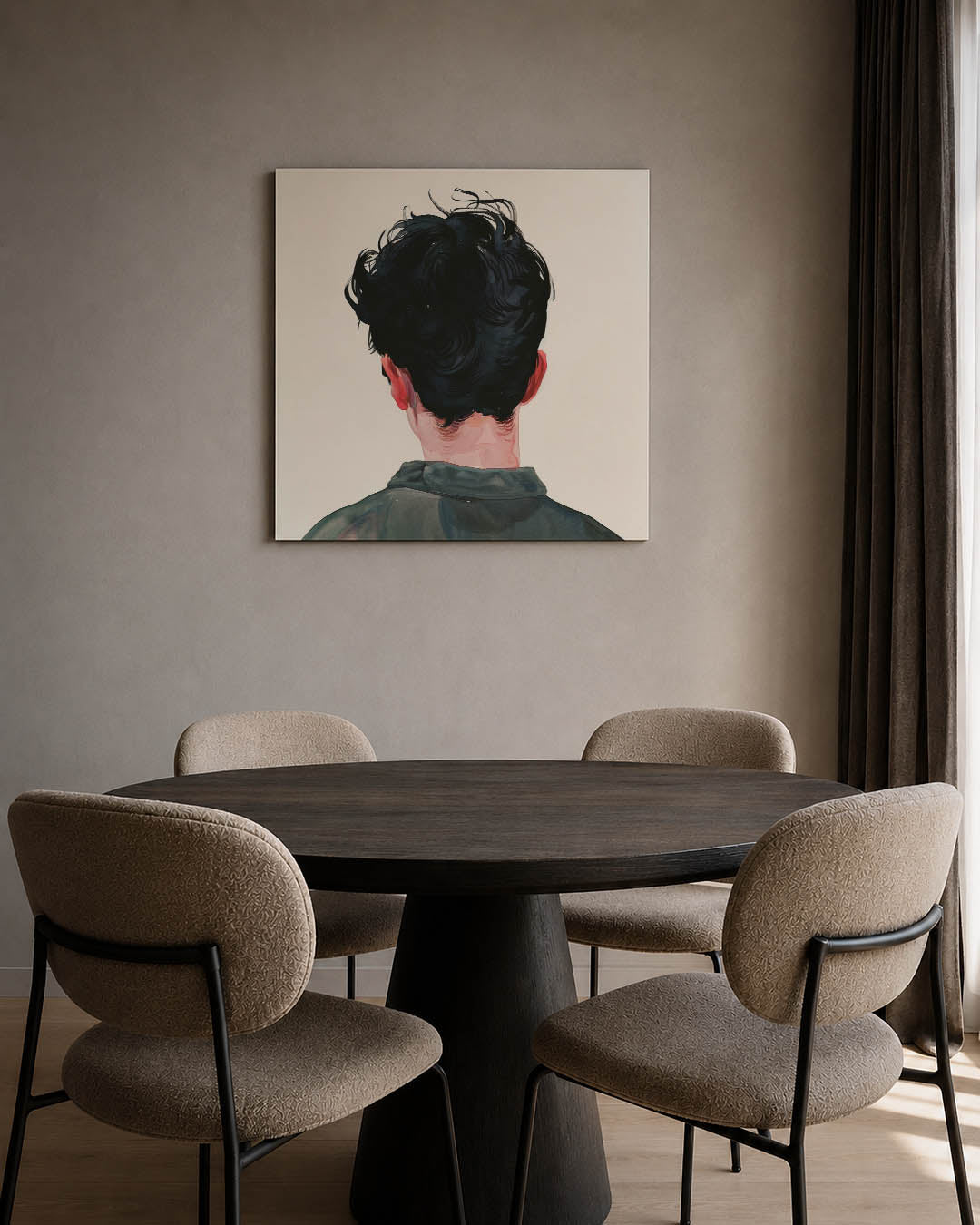Achterkant portret kunstwerk – tweede productweergave – dit werk toont de achterkant van een persoon met donker haar en een