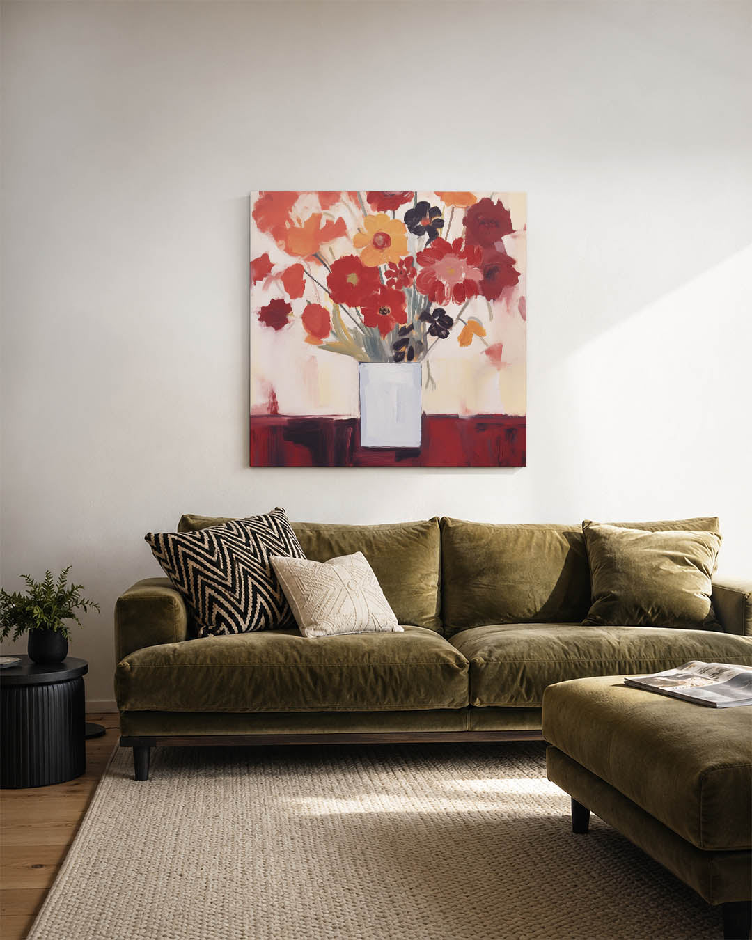 Compositie kunstwerk – sfeerbeeld – dit werk toont een boeket bloemen in een vaas. De warme kleuren en vloeiende