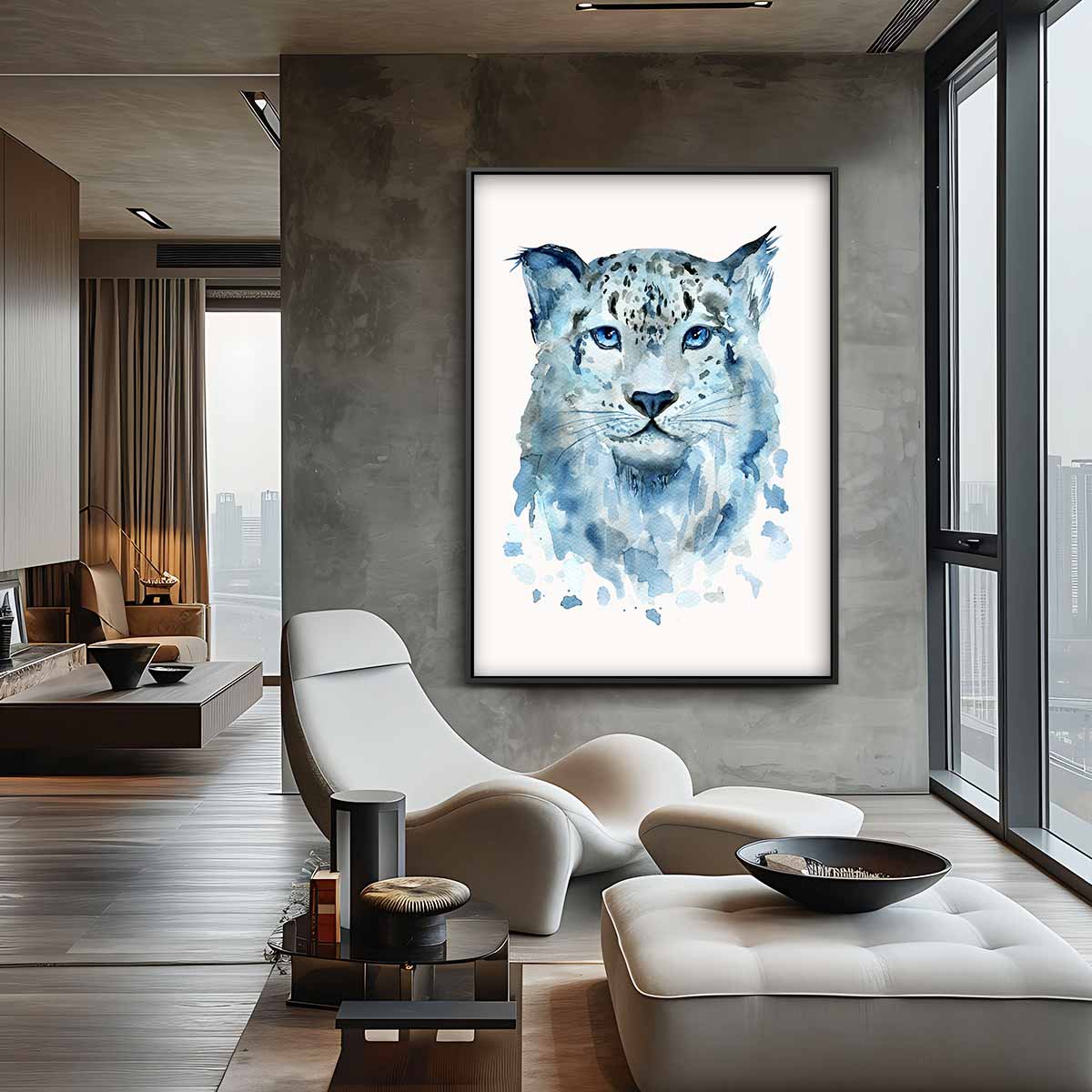 Blauwe Sneeuwluipaard Kunst – dibond wanddecoratie in staand formaat