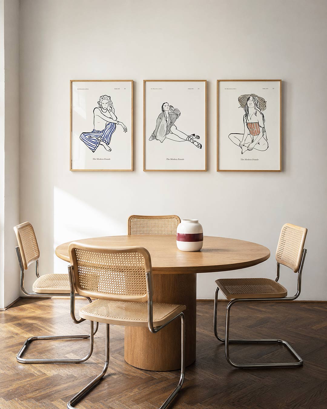 Lijnen en strepen driedelige posterset in interieur
