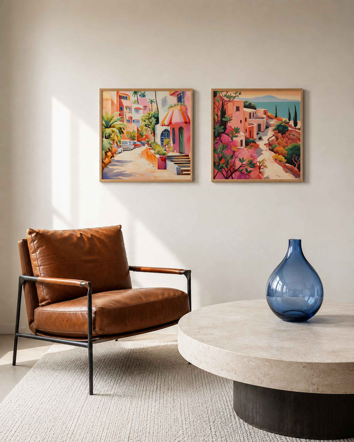 Interieurpresentatie van een tweedelige vierkante posterset met mediterrane dorpjes