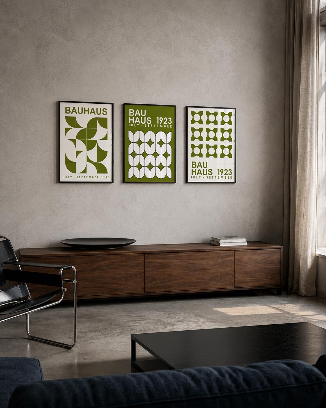 Kleurvlakken en lijnen posterset – tweede productweergave – deze posterset in drie delen toont een ritmisch spel van groene
