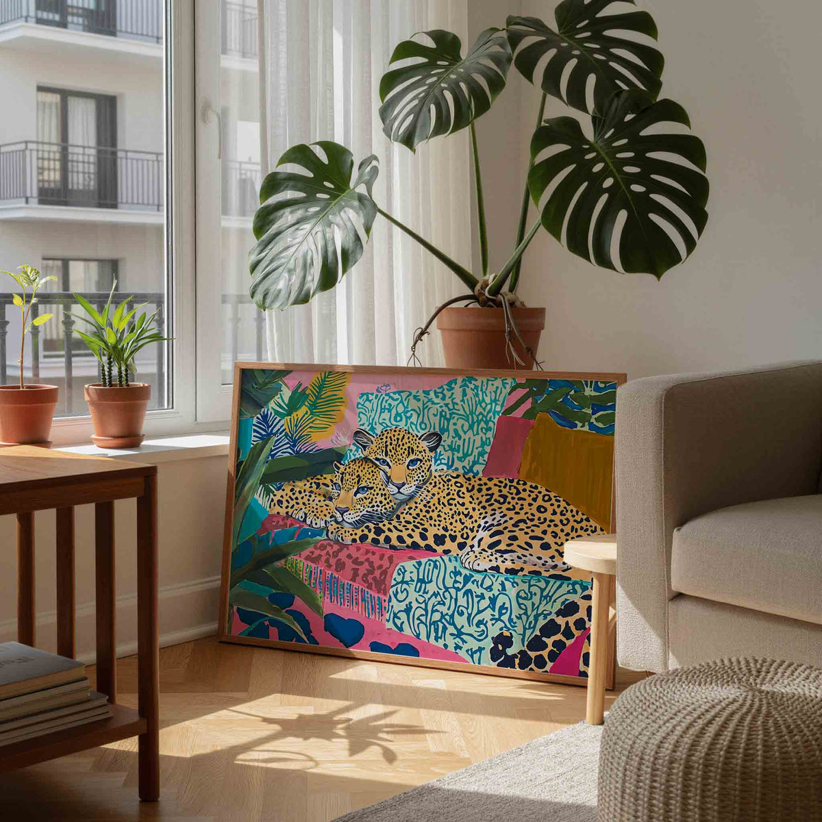 Luipaarden op kleurrijke achtergrond – tropische wandkunst als landscape poster