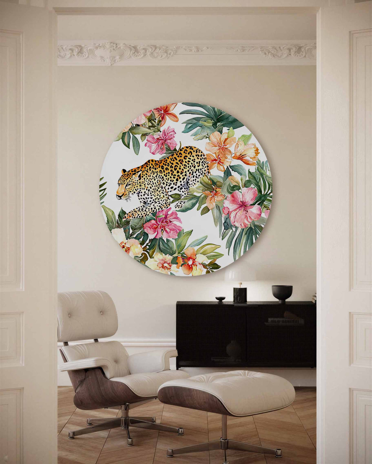 Luipaard en bloemen – illustratie muurcirkel als ronde muurdecoratie