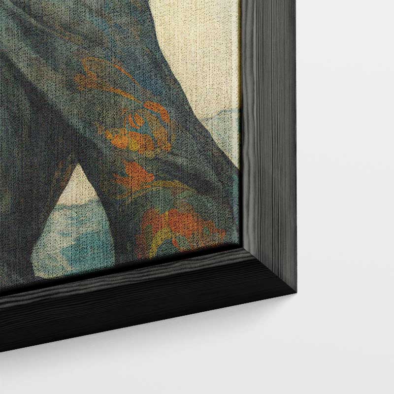 Dromerige dame aan zee – kunstwerk met zwarte baklijst