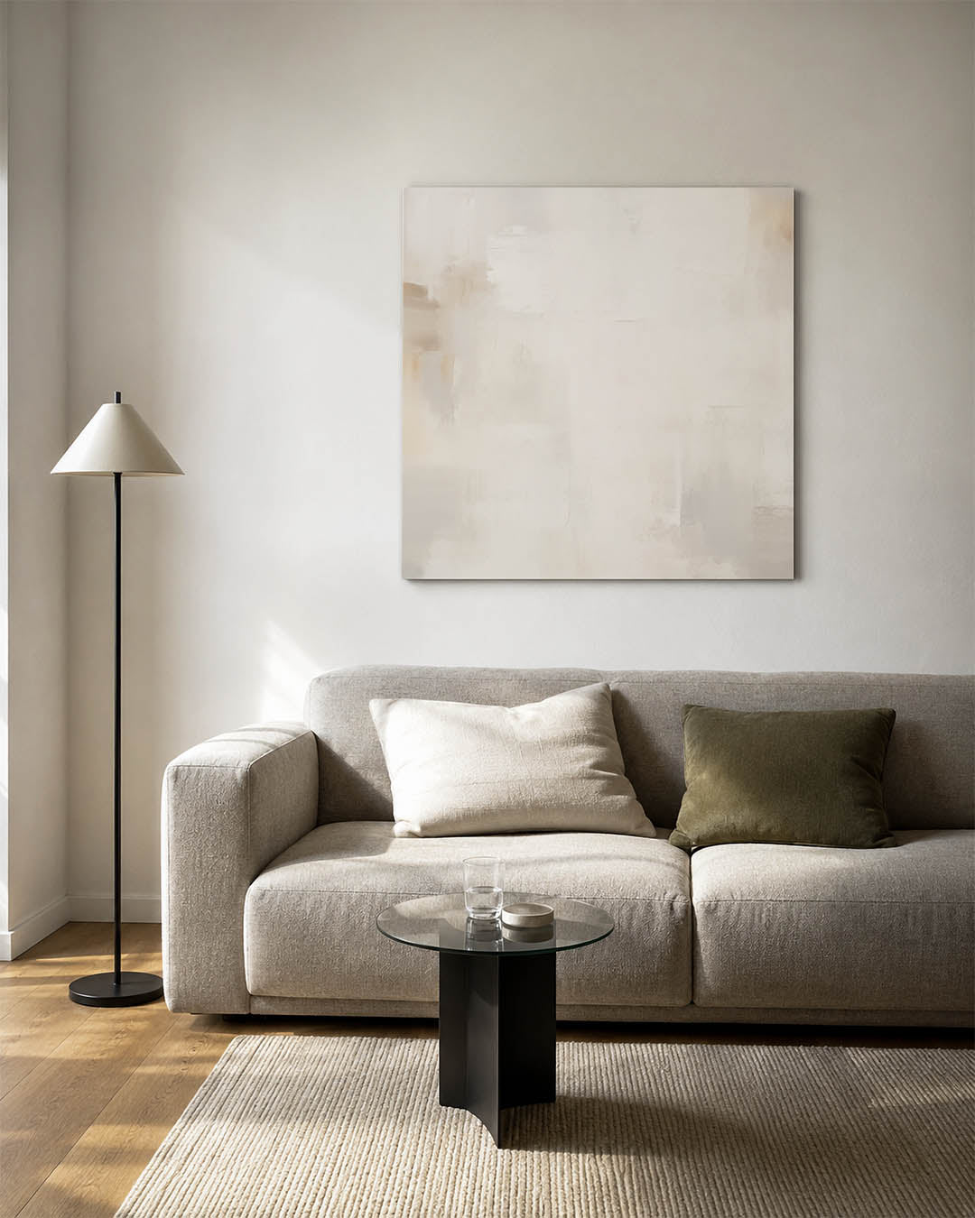 Neutrale kleurenmix kunstwerk – vierkante wanddecoratie – dit werk toont een subtiele mix van beige en wit, met zachte