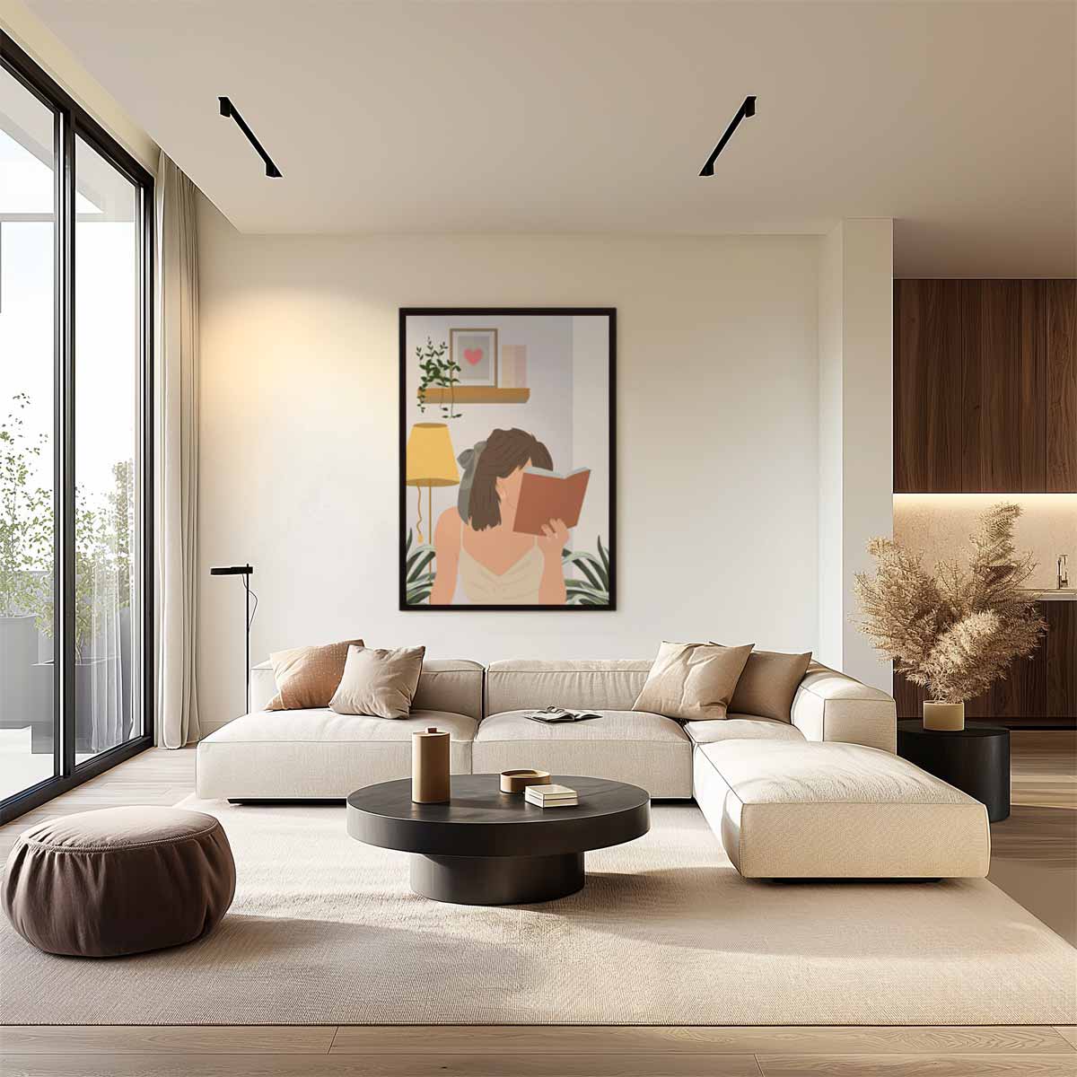 Lezende Vrouw in een Gezellige Kamer – plexiglas wanddecoratie in portret formaat