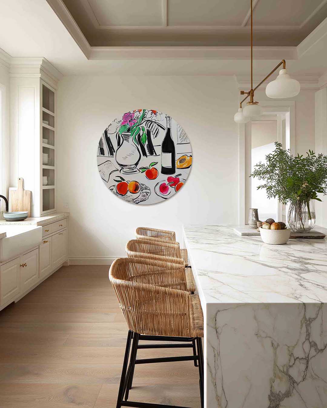 Stilleven met fruit en bloemen – abstracte muurcirkel als ronde wanddecoratie