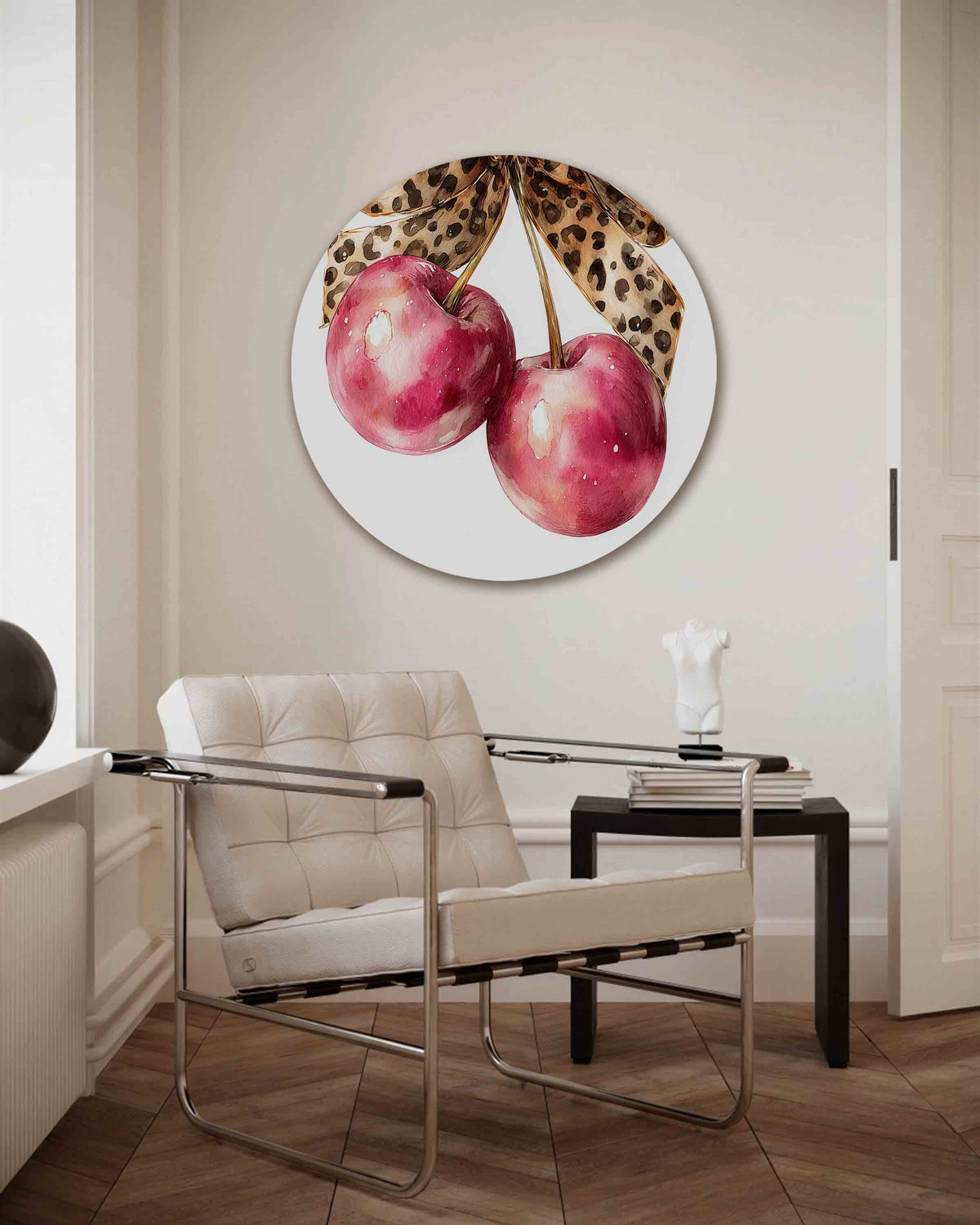 Kersen met strik – Pop Art muurcirkel als ronde wanddecoratie