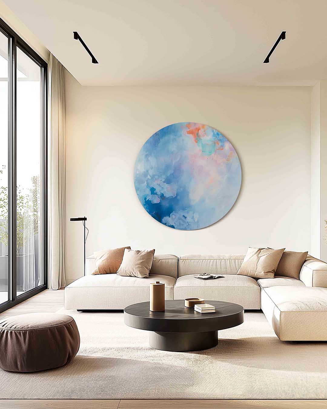 Abstracte blauwe – kleurrijke muurcirkel als ronde wanddecoratie