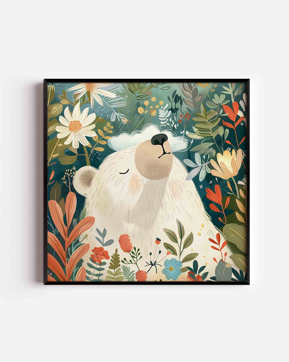 Witte beer en bloemen – vierkante kinderposter als wanddecoratie