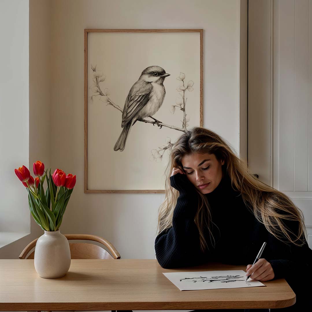 Elegante Vogel op Tak – staande muurposter met dierenthema