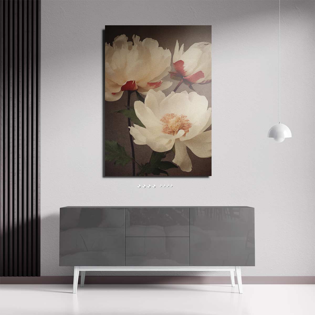 Elegantie van Witte Pioenrozen – plexiglas wanddecoratie in portret formaat