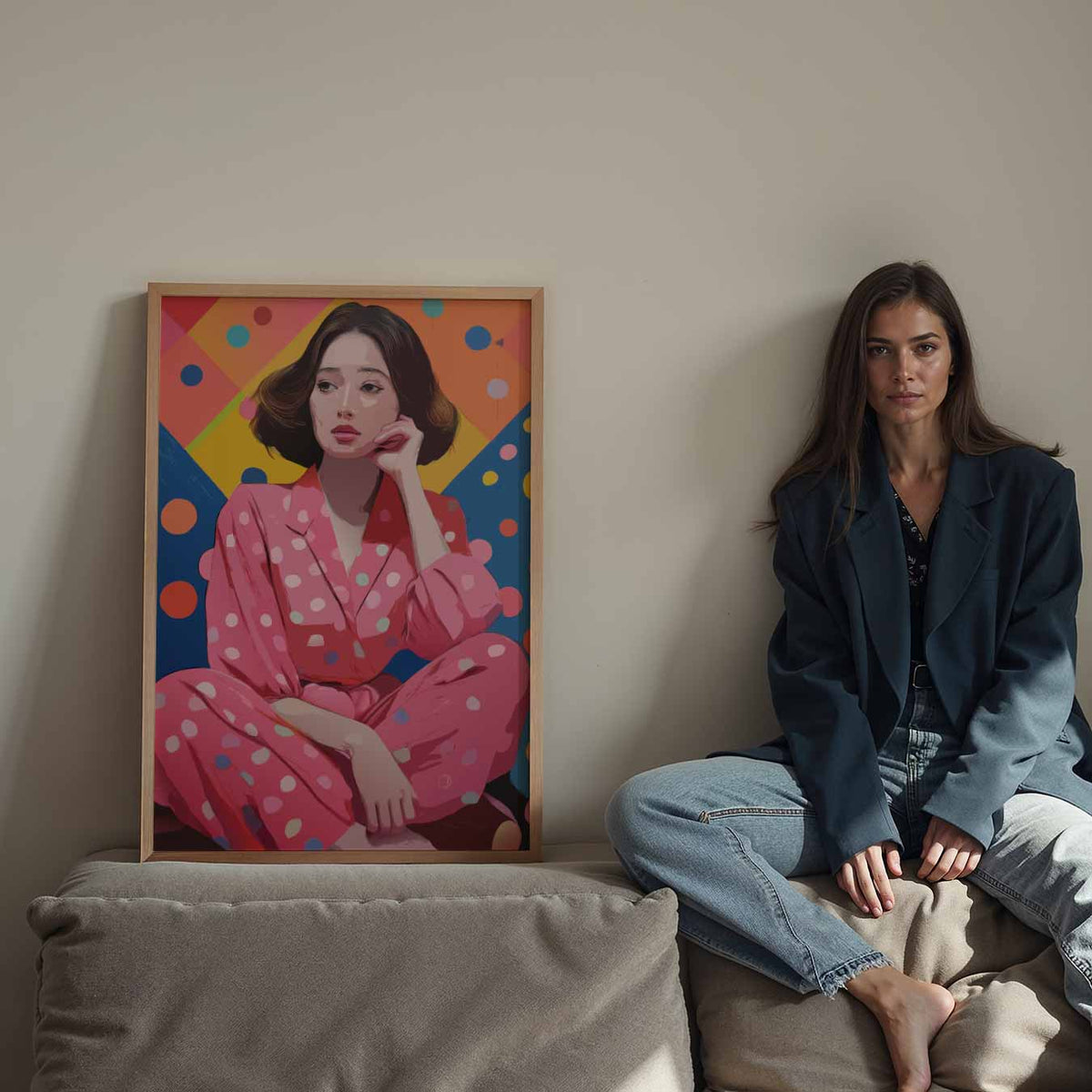 Vrolijke Vrouw in Stippen – Streetart wandkunst als portret poster