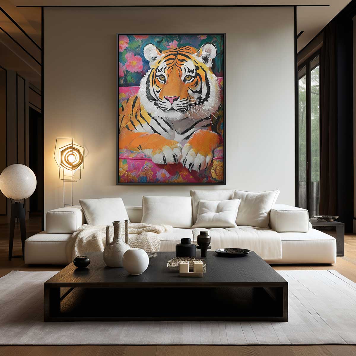 Tropische Tijger Vibes – kunstwerk met zwarte baklijst
