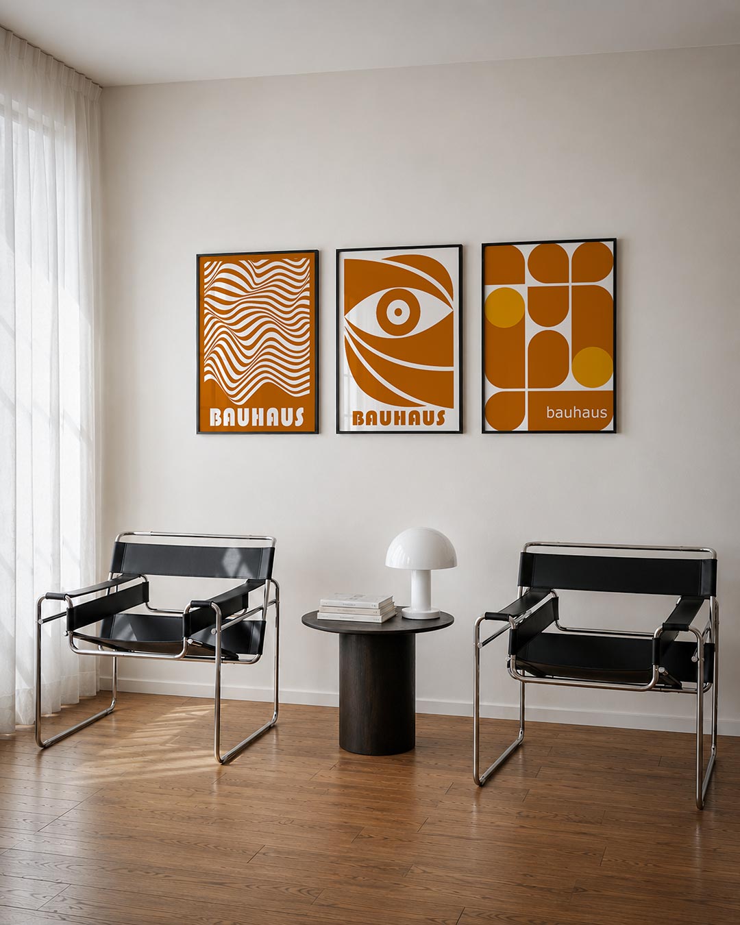 Golvend lijnenspel driedelige posterset – deze poster toont een dynamisch spel van golvende lijnen in wit en oranje, met een