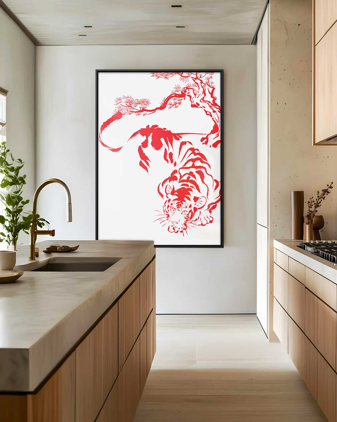 Rode tijger onder boom – canvas wanddecoratie in portret formaat