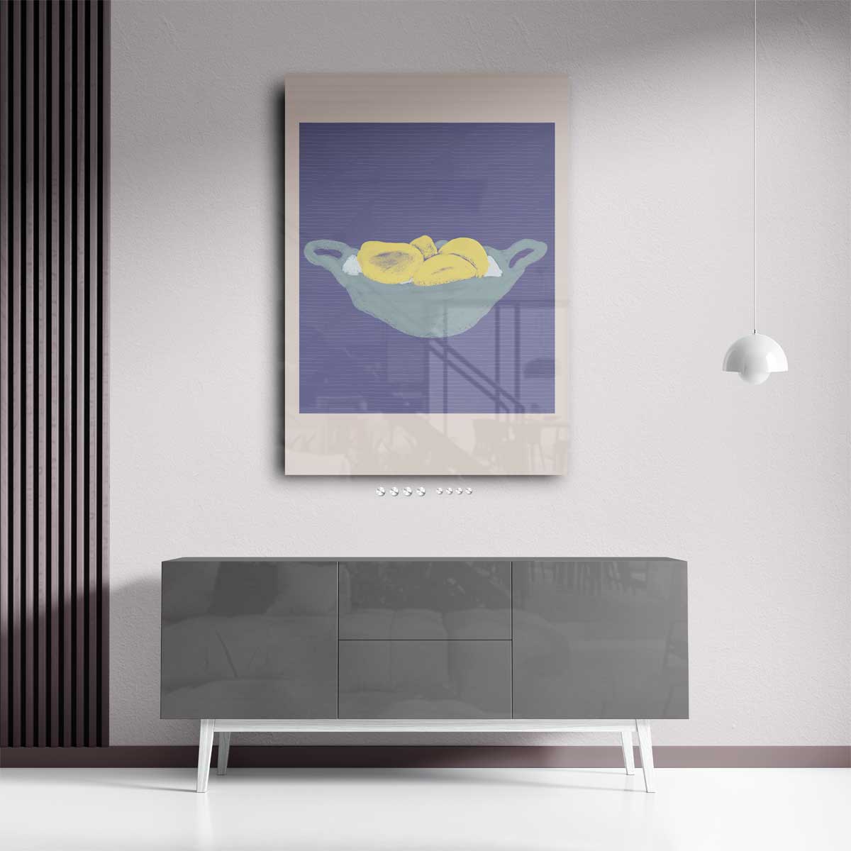 Zonnige Bananen in Blauwe Schaal – staand kunstwerk voor modern interieur