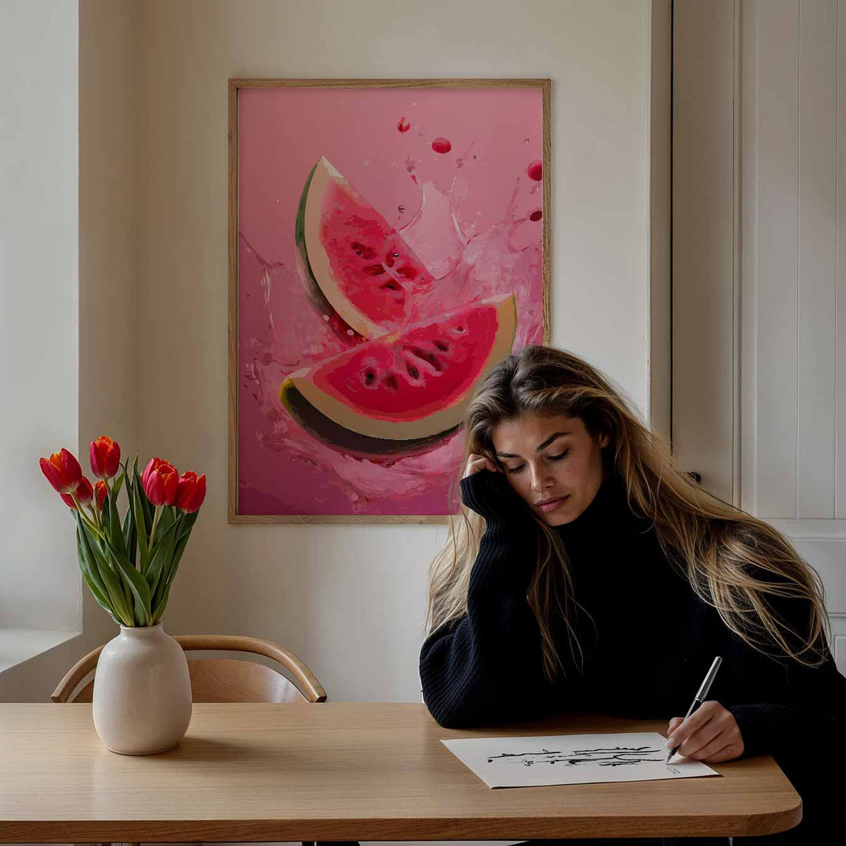 Spetterende Watermeloen Kunstposter – zomer poster als frisse staande wanddecoratie