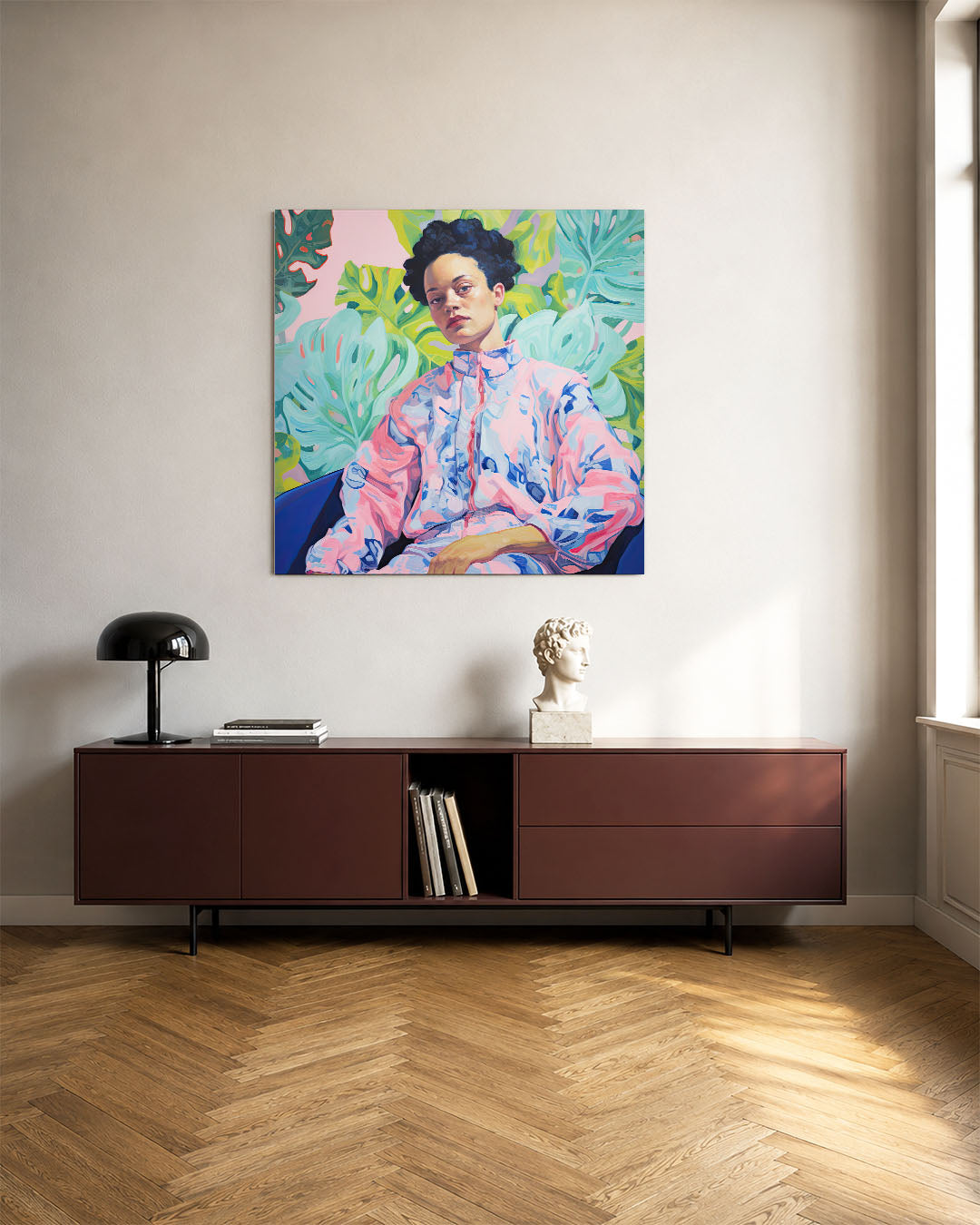 Vrouw met bladeren kunstwerk – tweede productweergave – dit werk toont een vrouw in een kleurrijke outfit, omringd door grote