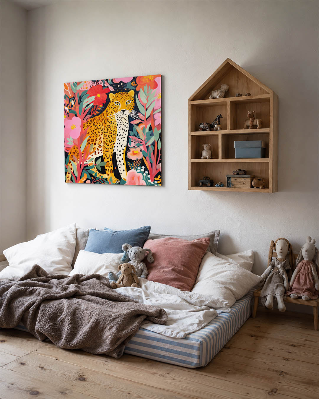 Levendige dierenwereld kunstwerk – derde productweergave – dit werk toont een kleurrijke compositie van een luipaard omringd