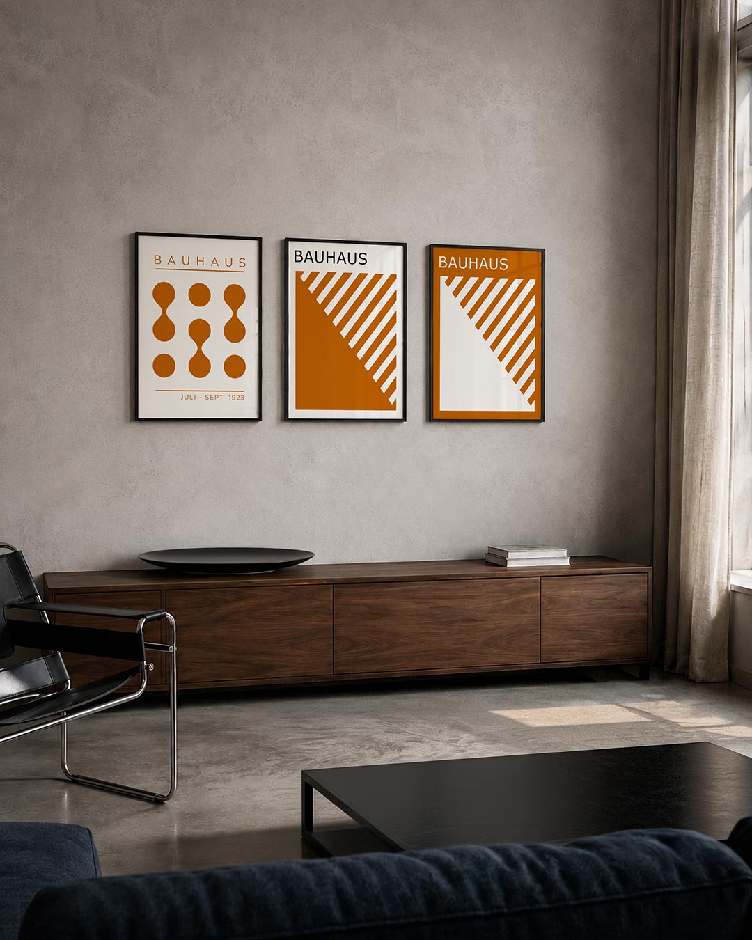 Vormen en vlakken posterset – tweede productweergave – deze posterset in drie delen toont een ritmisch spel van oranje