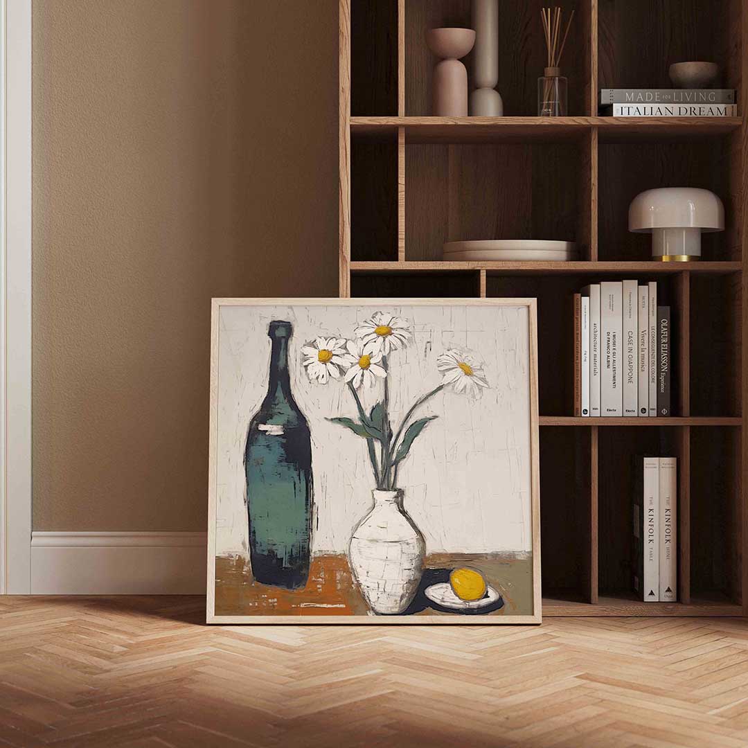 Fles en bloemen – vierkante wanddecoratie met kleur en vorm van WallArtistic