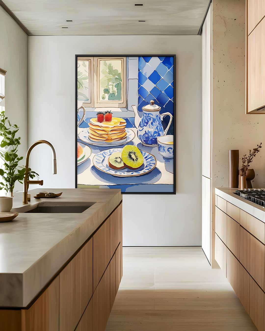 Ontbijttafel in Blauwe Tegelstijl – staand kunstwerk voor modern interieur