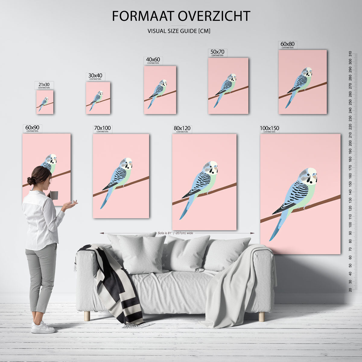 Parkiet op tak – staande muurposter met dierenthema