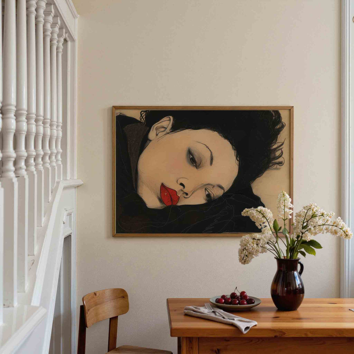 Portret met rode lippen – liggende illustratie poster als wanddecoratie