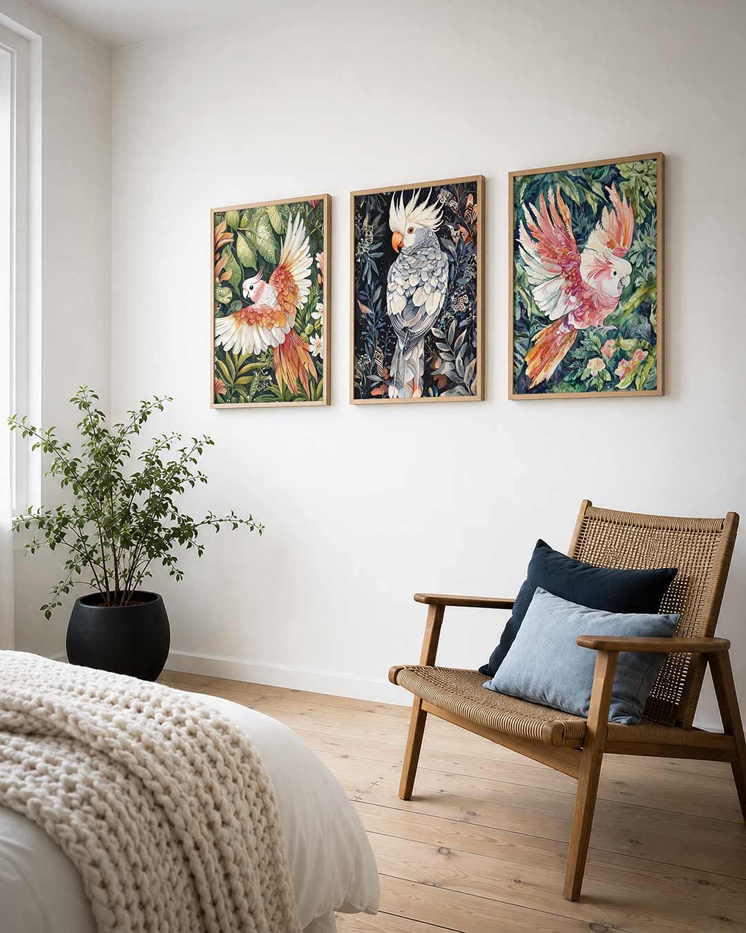 Vleugel en blad posterset – derde productweergave – een kleurrijke vogel met oranje en witte veren vliegt te