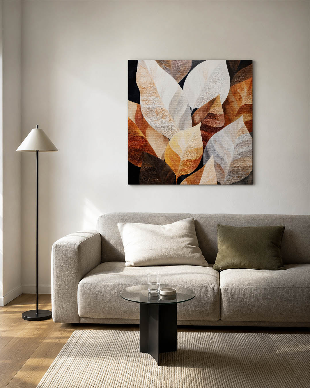 Organische bladvormen kunstwerk – vierkante wanddecoratie – dit werk toont een verzameling overlappende bladvormen in warme