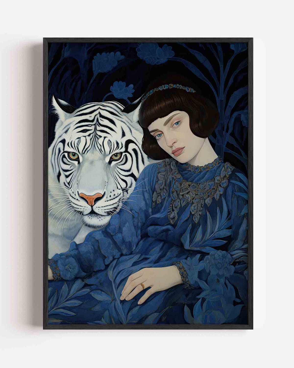 Witte tijger en vrouw – kleurrijke illustratie portret poster als wanddecoratie
