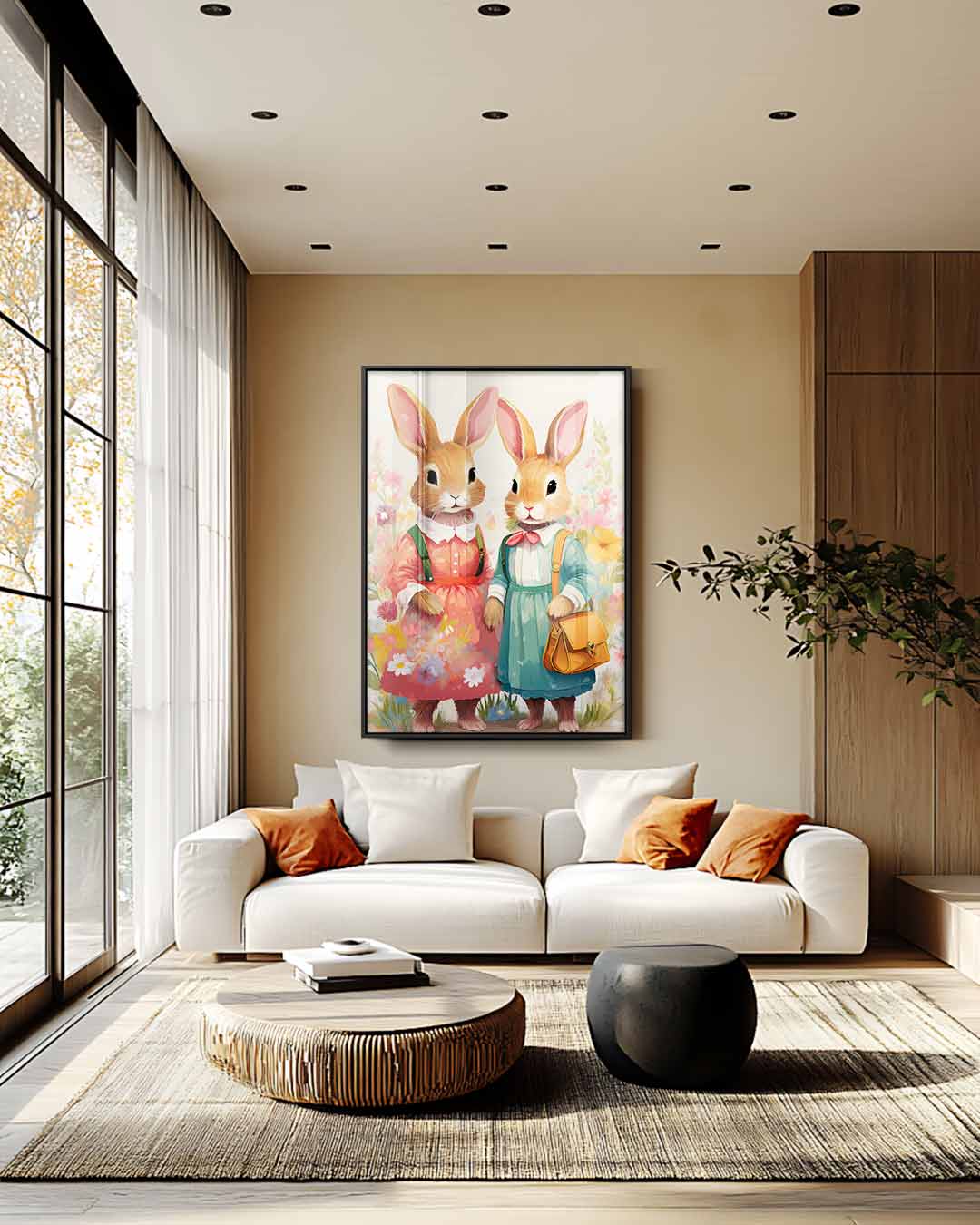 Konijnenvrienden in Bloemenweelde – modern portret kunstwerk van WallArtistic