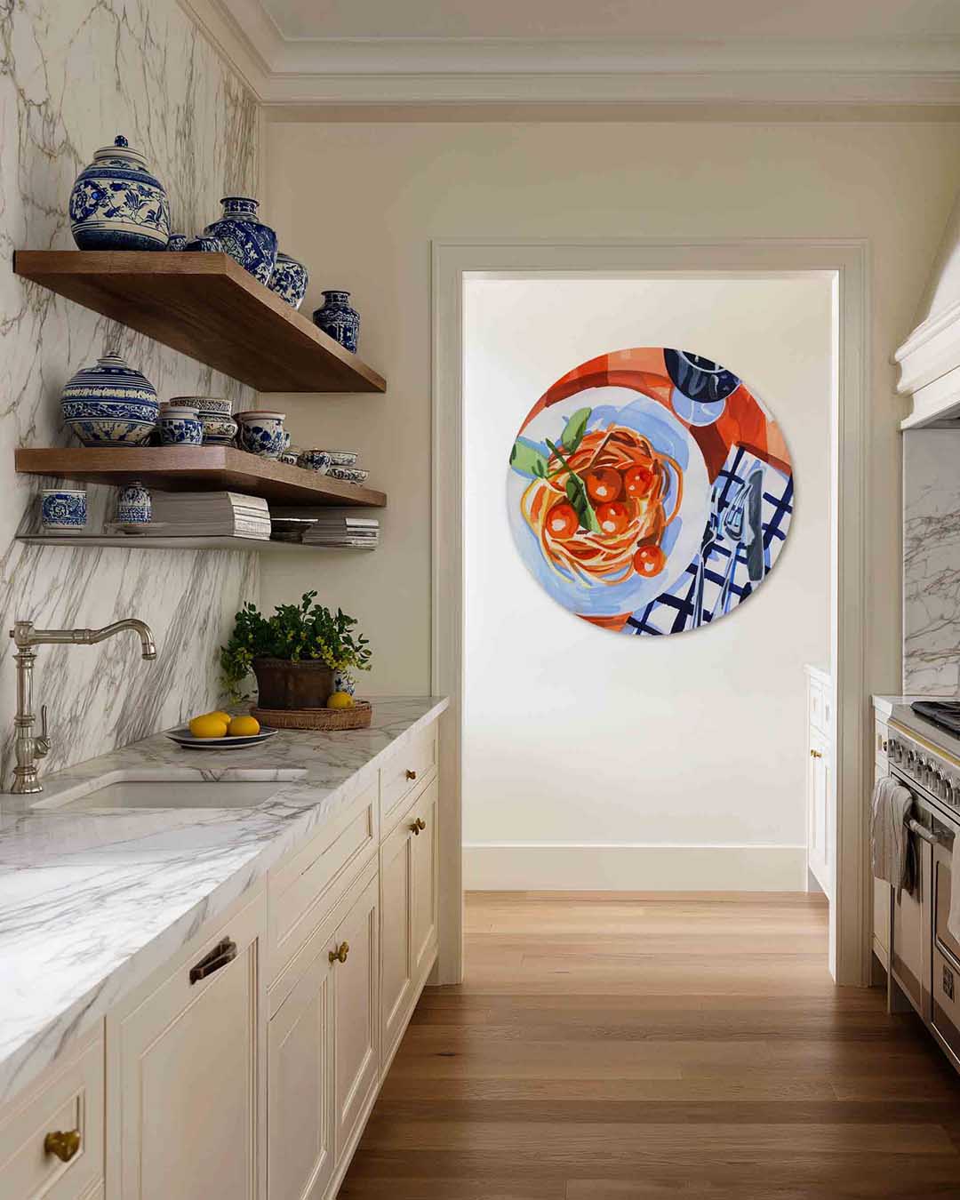 Spaghetti en wijn – moderne abstracte muurcirkel voor aan de muur