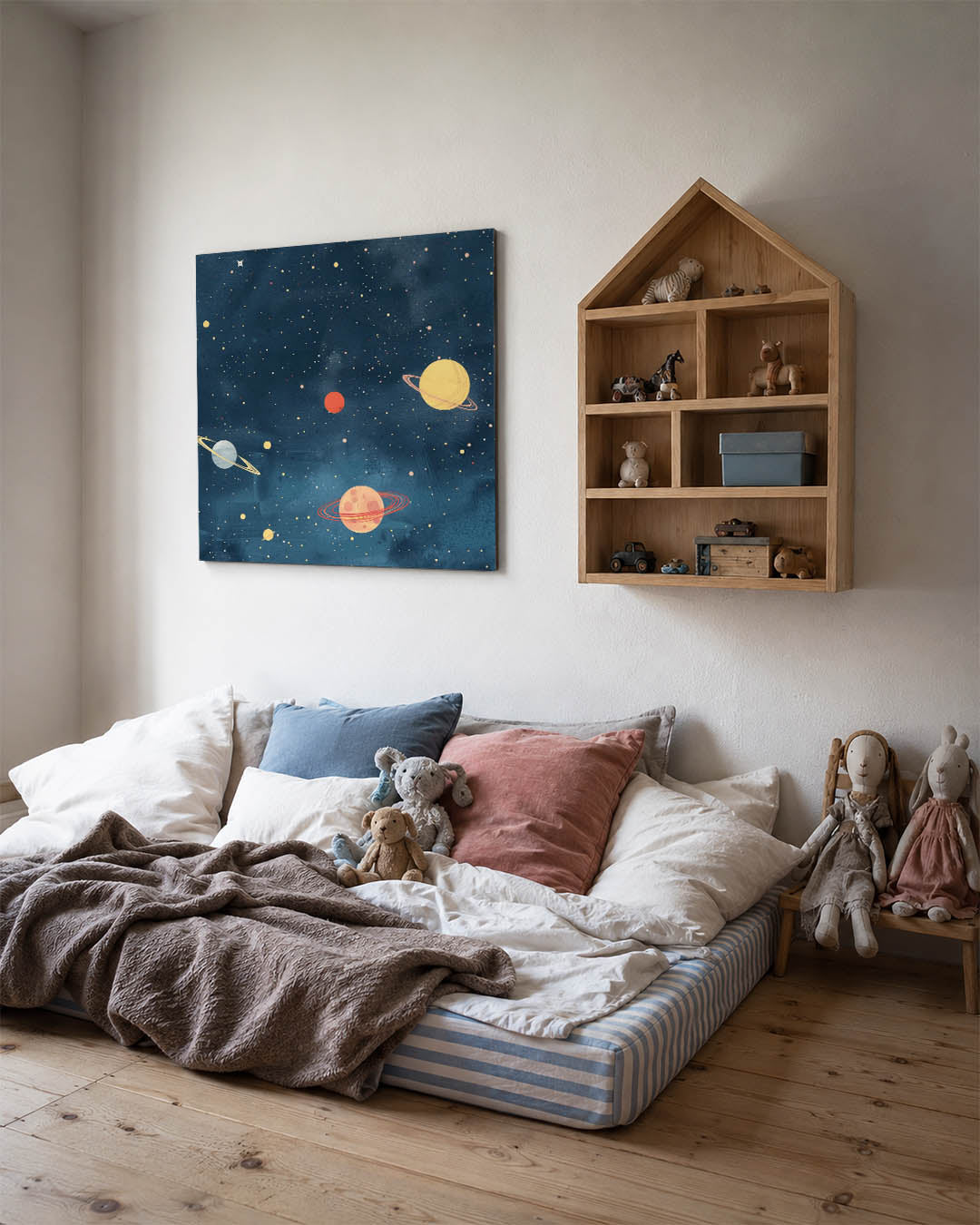 Kosmische hemel kunstwerk – derde productweergave – dit kunstwerk toont een sterrenhemel met kleurrijke planeten en sterren