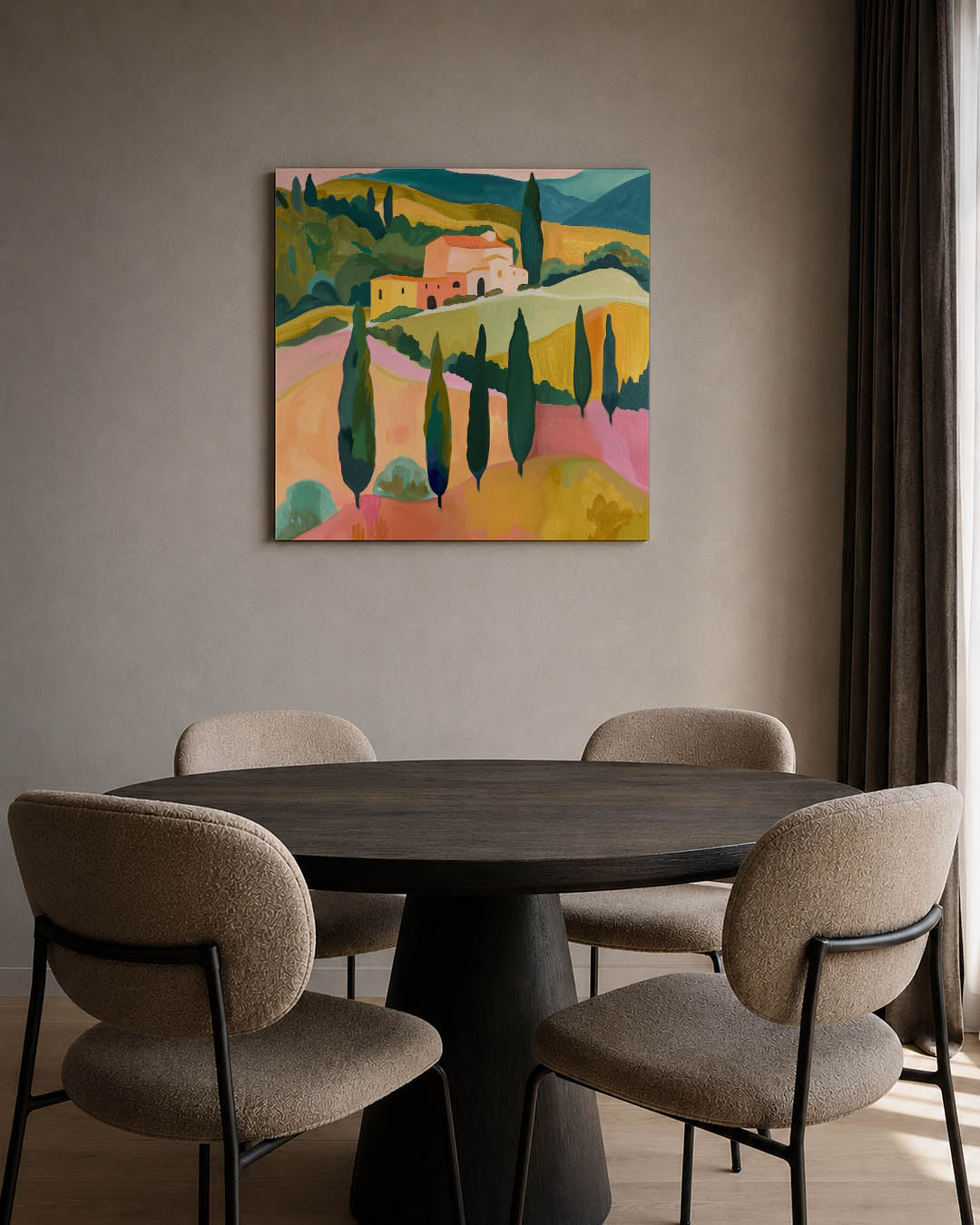Landschap met heuvels kunstwerk – tweede productweergave – dit werk toont een glooiend landschap met cipressen en een huis.