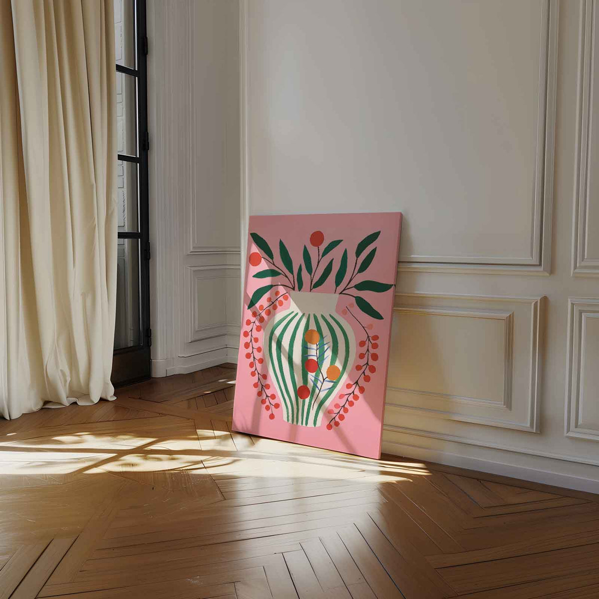 Vrolijke Vaas op Roze Achtergrond – dibond kunstwerk als wanddecoratie