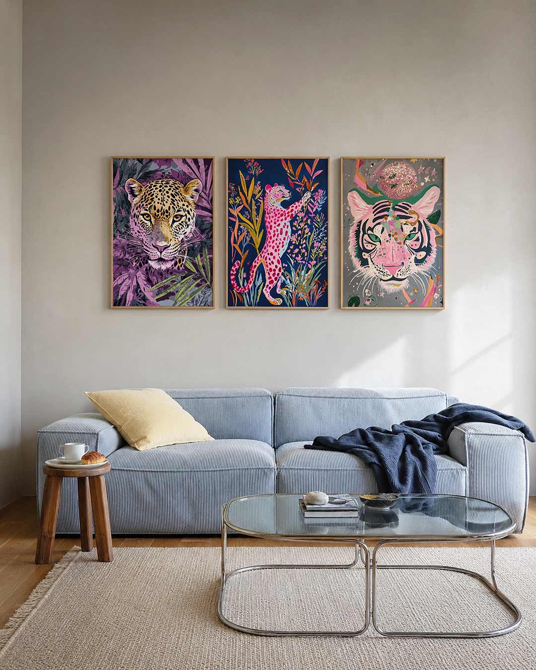 Jungle kleurenpracht posterset – tweede productweergave – een levendige compositie van een luipaard omringd door