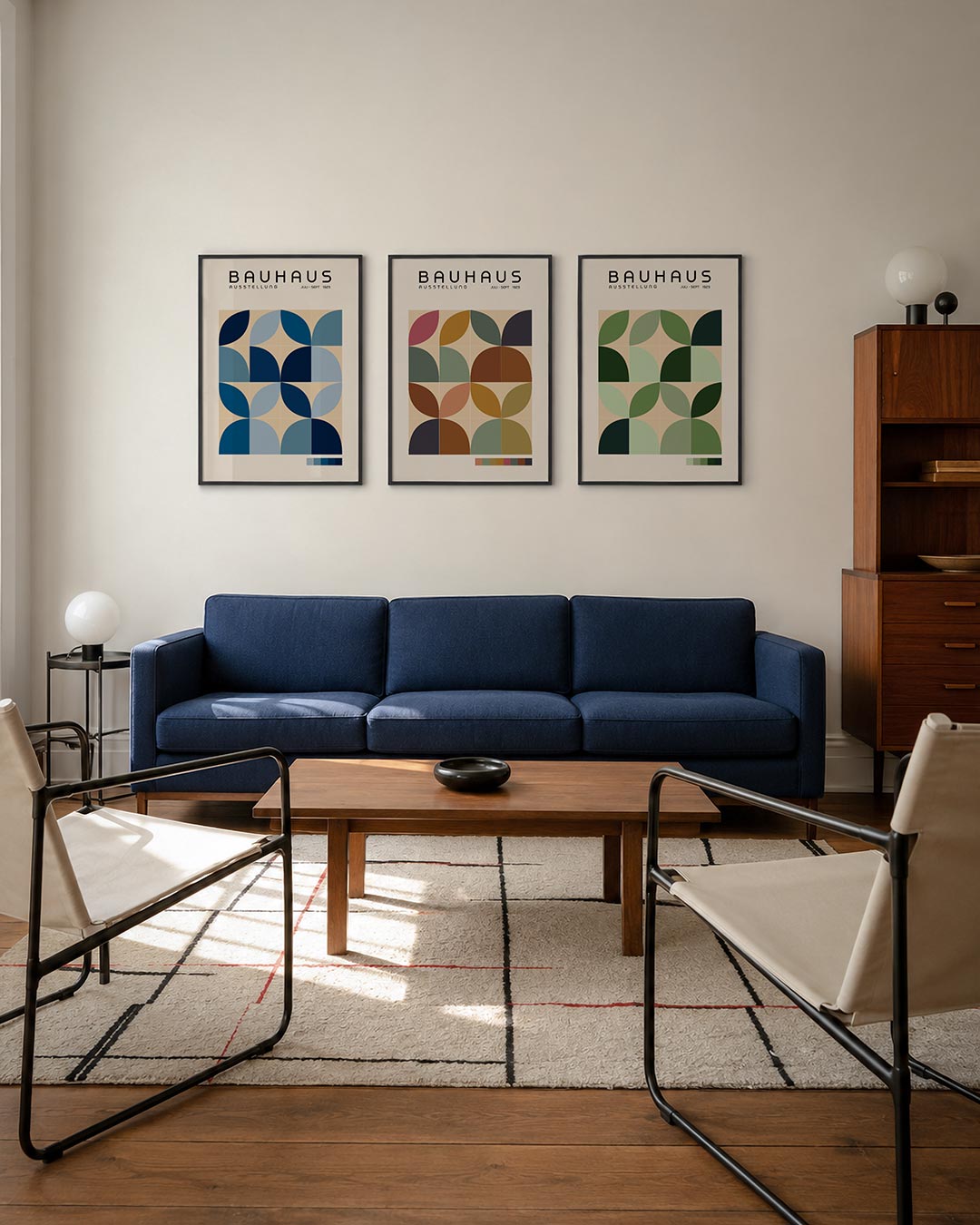 Vorm en kleurenspel driedelige posterset – deze posterset in drie delen toont een speelse ordening van halve cirkels in blauw