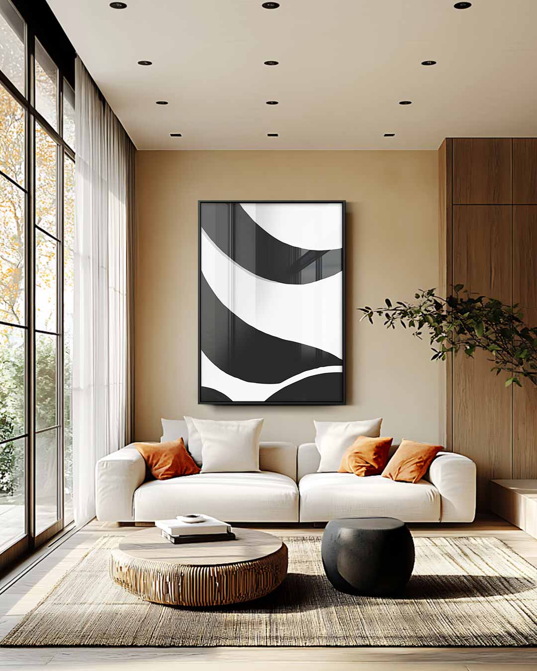 Zwarte Golven op Witte Achtergrond – staande wandkunst voor woonkamer of interieur