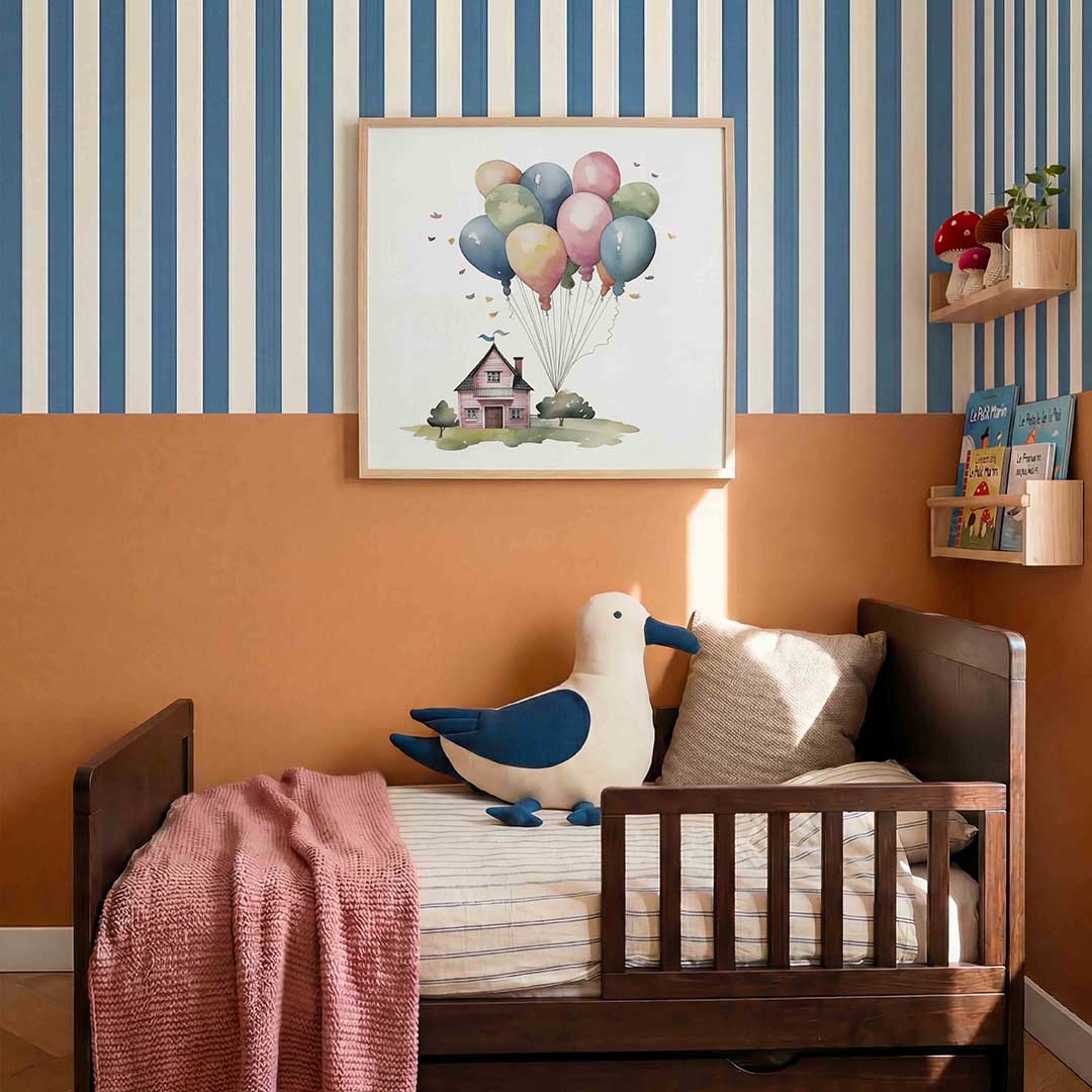 Huis met ballonnen – kids poster in vierkant formaat