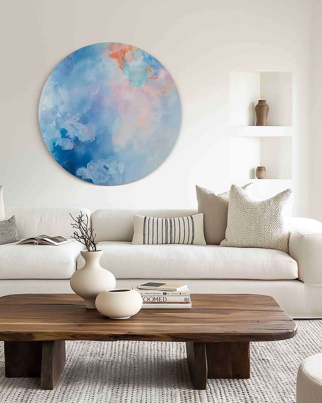 Abstracte blauwe – muurcirkel met kleur en vormen voor aan de muur