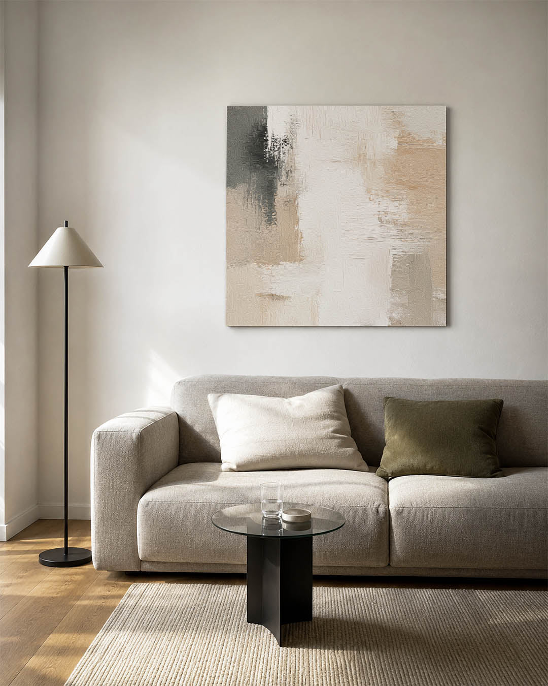 Zachte kleuren harmonie kunstwerk – vierkante wanddecoratie – dit kunstwerk toont een subtiele mix van beige, wit en grijs
