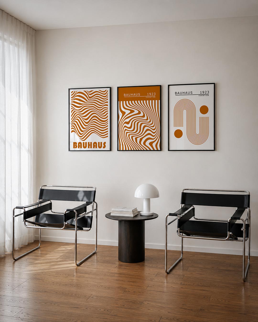 Golvend lijnenspel driedelige posterset – deze posterset in drie delen toont vloeiende, golvende lijnen in warme oranje