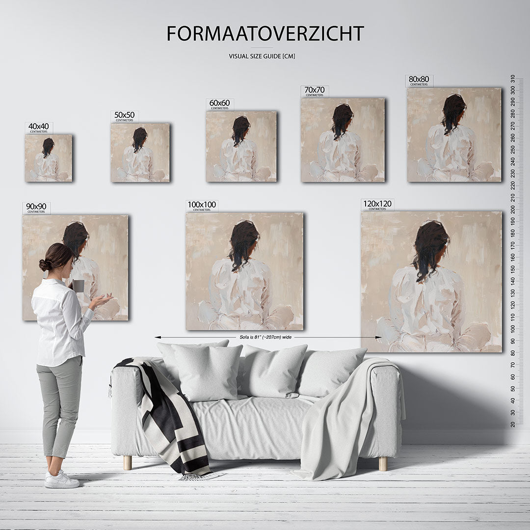 Vrouw in reflectie kunstwerk – materiaalweergave – dit werk toont een vrouw van achteren, zittend in een serene houding. De